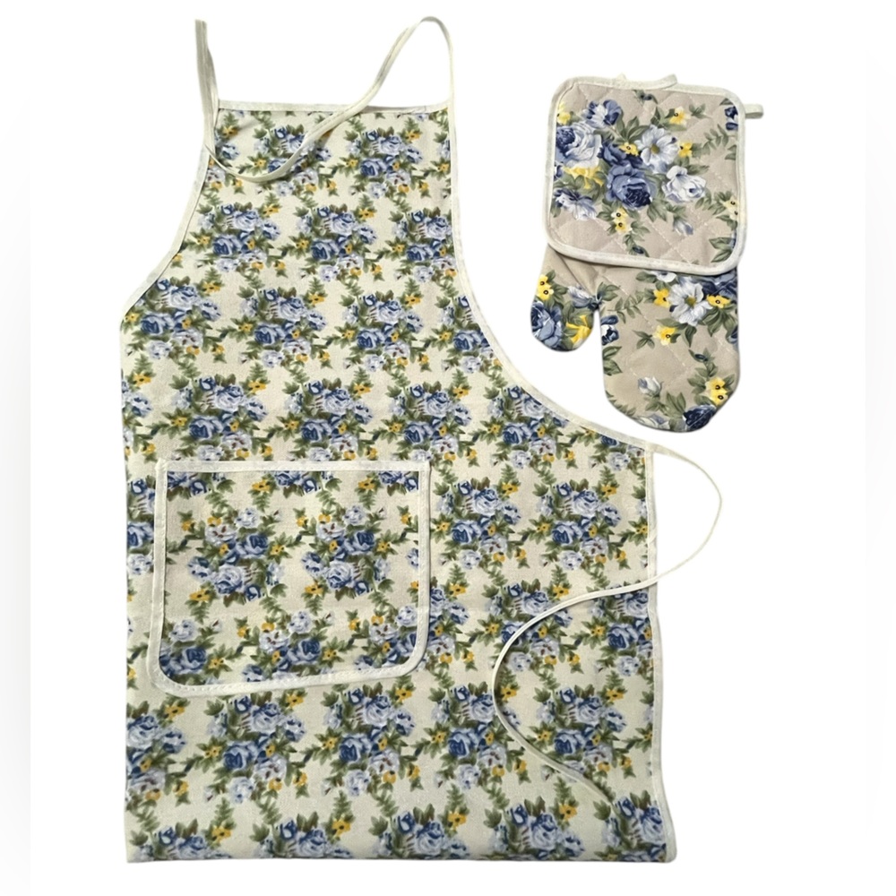 MATCHING APRON AND OVEN MITT POT HOLDER SET